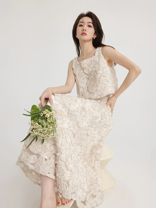 Signed French heavy embroidery stacked vest top high waist A-line skirt long skirt two-piece suit