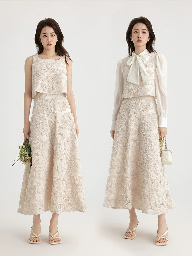 Signed French heavy embroidery stacked vest top high waist A-line skirt long skirt two-piece suit