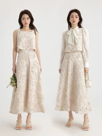 Signed French heavy embroidery stacked vest top high waist A-line skirt long skirt two-piece suit