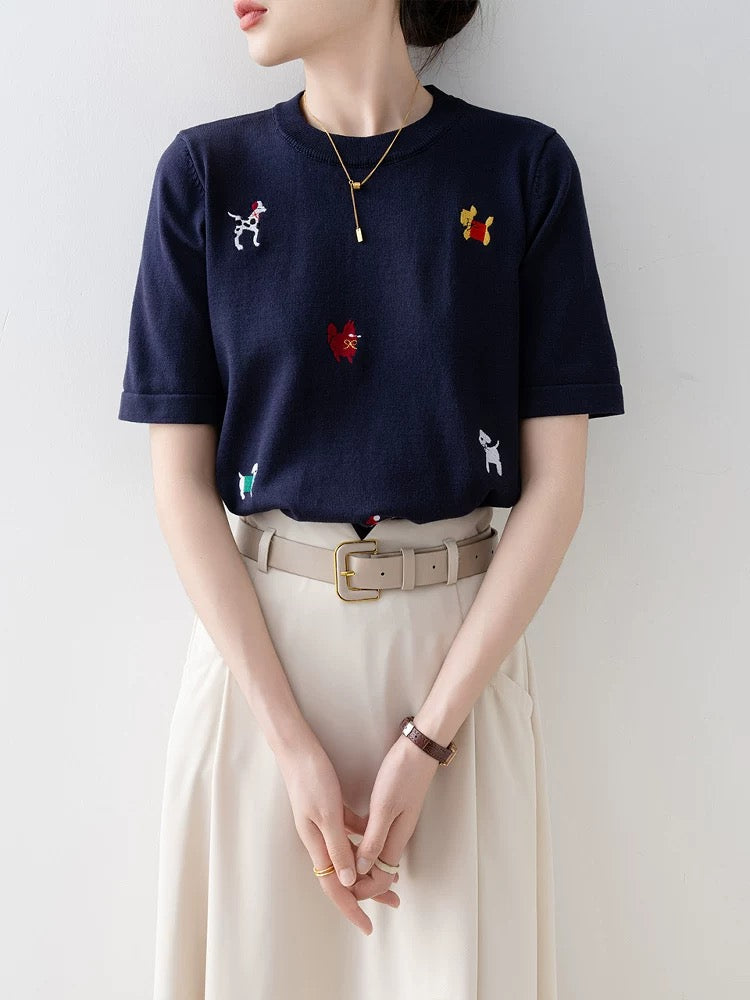 Unique and beautiful women's clothing 2025 new summer navy blue loose round neck knitted short sleeve straight shoulder T-shirt top
