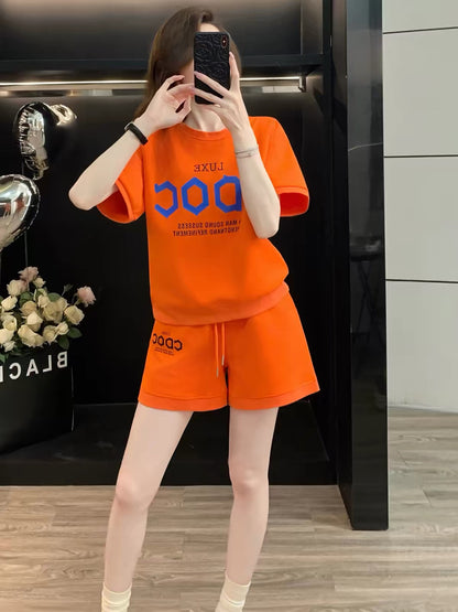 Women's Summer 2026 Casual Letter-Print Two-Piece Set: Loose, Trendy, Youthful Short-Sleeve Top & Shorts – Stylish Athleisure Outfit