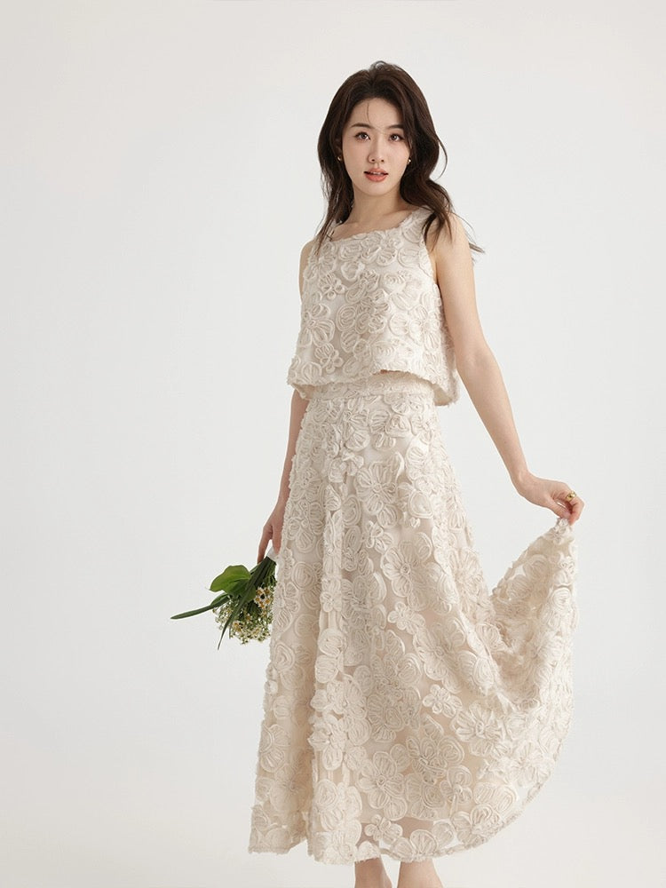 Signed French heavy embroidery stacked vest top high waist A-line skirt long skirt two-piece suit
