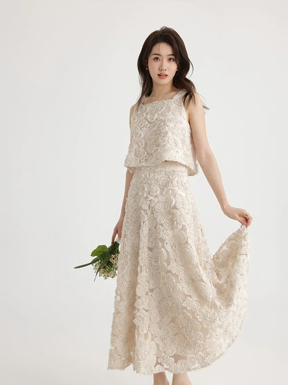 Signed French heavy embroidery stacked vest top high waist A-line skirt long skirt two-piece suit