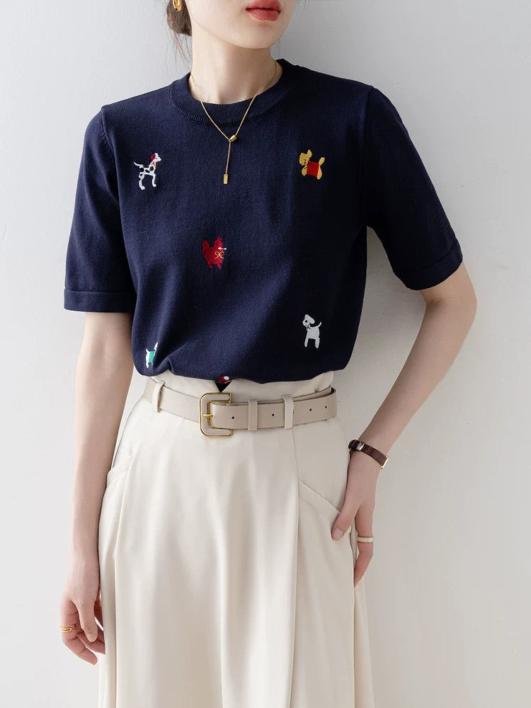 Unique and beautiful women's clothing 2025 new summer navy blue loose round neck knitted short sleeve straight shoulder T-shirt top