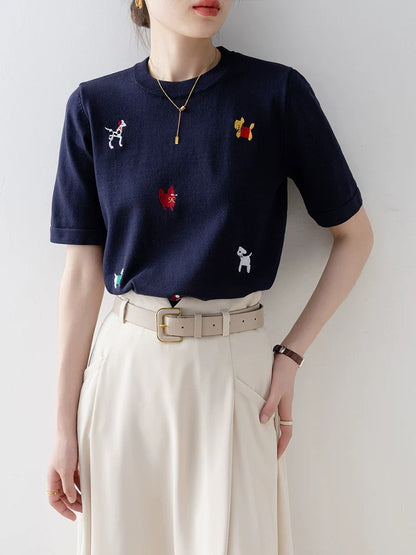 Unique and beautiful women's clothing 2025 new summer navy blue loose round neck knitted short sleeve straight shoulder T-shirt top