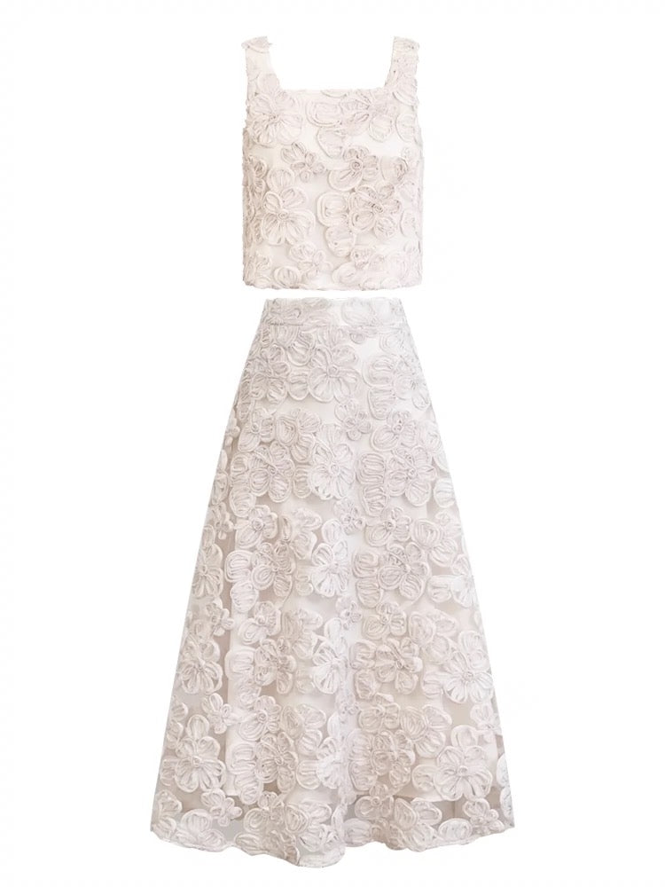 Signed French heavy embroidery stacked vest top high waist A-line skirt long skirt two-piece suit