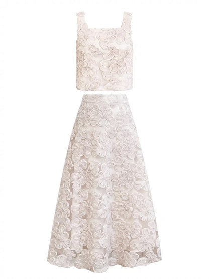 Signed French heavy embroidery stacked vest top high waist A-line skirt long skirt two-piece suit