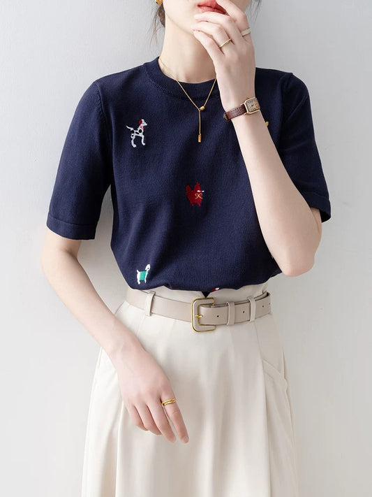 Unique and beautiful women's clothing 2025 new summer navy blue loose round neck knitted short sleeve straight shoulder T-shirt top