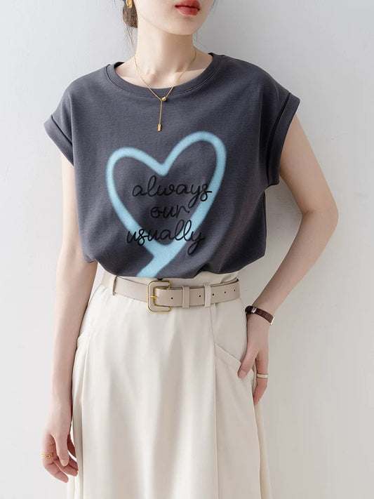 Short-sleeved straight shoulder T-shirt for women 2025 summer new style gray round neck loose American retro early summer wear tops