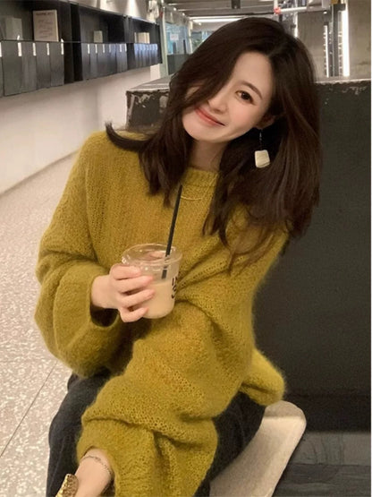 Ginger yellow soft waxy sweater women's autumn and winter outer wear loose lazy high-end knitted top and skirt two-piece suit