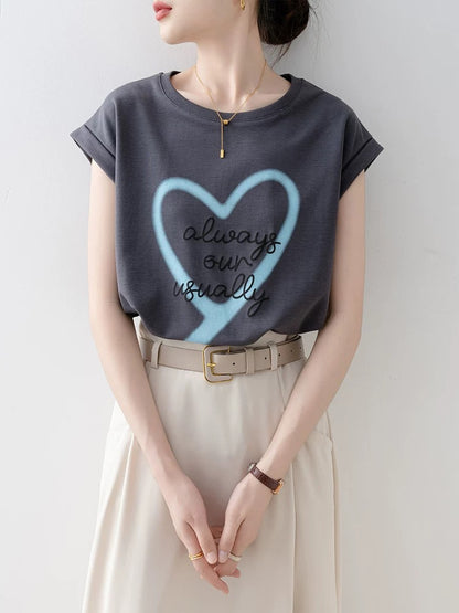 Short-sleeved straight shoulder T-shirt for women 2025 summer new style gray round neck loose American retro early summer wear tops