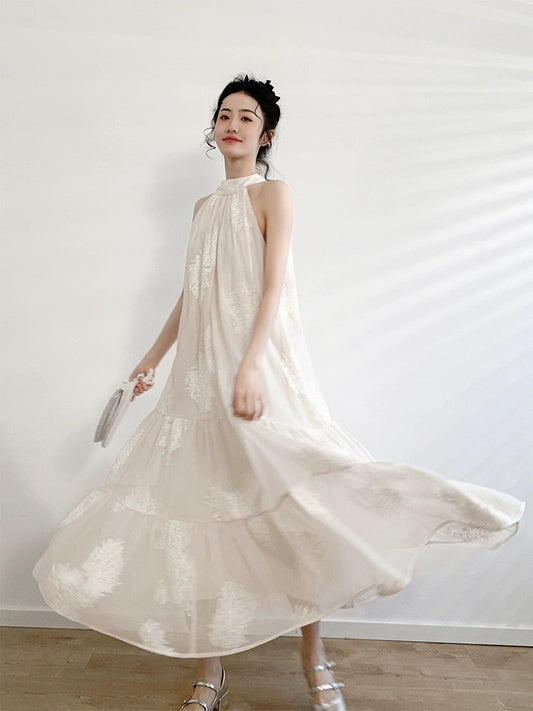 2024 Spring and Summer New French Retro Apricot Embroidered Halter Dress Sleeveless Off-The-Shoulder Large Swing Holiday Style Long Dress