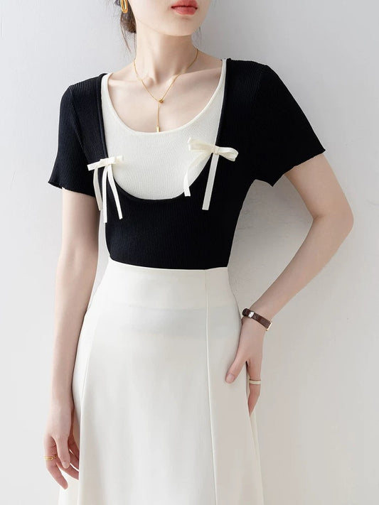 Black round neck sweater short-sleeved T-shirt female 2025 new summer fake two-piece design niche hot girl top