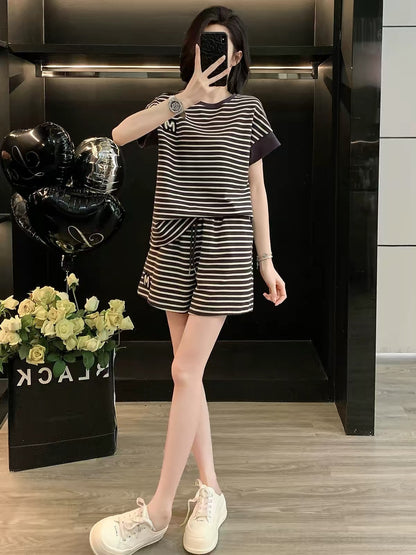 Women's Summer 2026 Stylish & Youthful Sporty Two-Piece Set: Striped Short-Sleeve Top & Shorts – Loose, Casual, and Ideal for Running