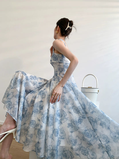 Signer Blue Mist Rose French Print Dress Women's 2024 Goddess Summer Square Neck Tea Break Beautiful Big Swing Skirt
