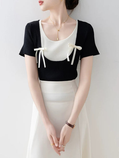 Black round neck sweater short-sleeved T-shirt female 2025 new summer fake two-piece design niche hot girl top