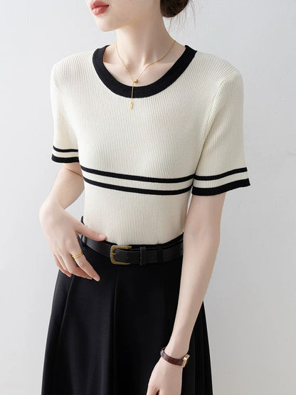 French striped short-sleeved straight shoulder T-shirt for women 2025 new style early summer wear off-white slim round neck knitted top