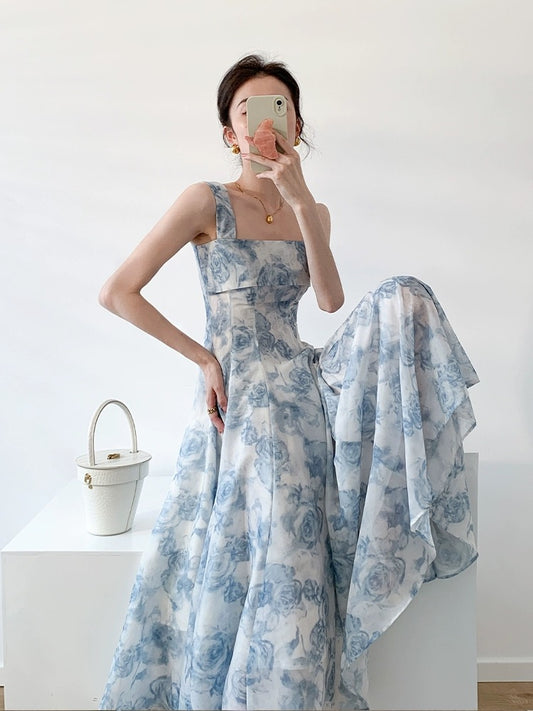 Signer Blue Mist Rose French Print Dress Women's 2024 Goddess Summer Square Neck Tea Break Beautiful Big Swing Skirt