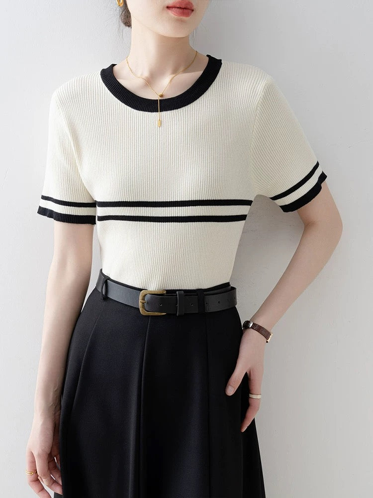 French striped short-sleeved straight shoulder T-shirt for women 2025 new style early summer wear off-white slim round neck knitted top
