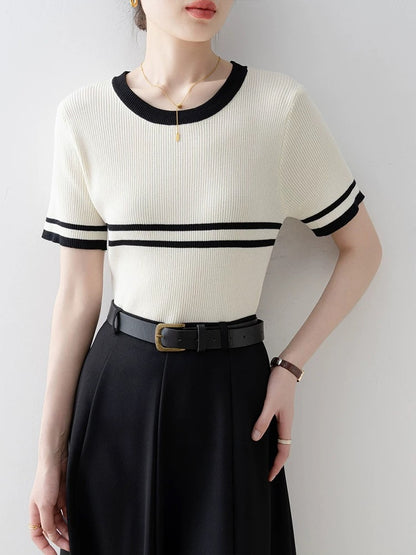 French striped short-sleeved straight shoulder T-shirt for women 2025 new style early summer wear off-white slim round neck knitted top