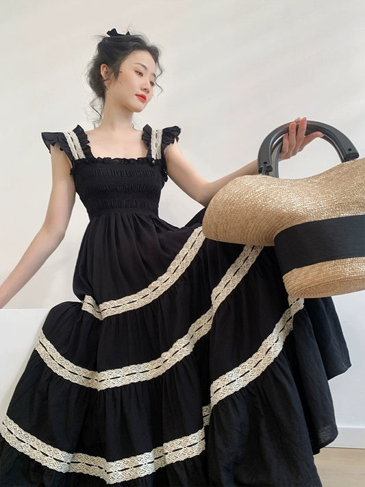 Signer 2024 spring and summer new style holiday long skirt small lace large hem skirt little black skirt slim dress for women