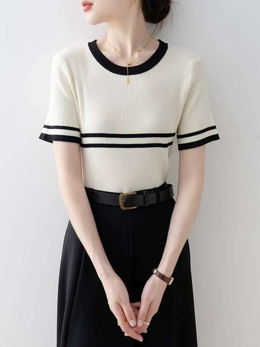 French striped short-sleeved straight shoulder T-shirt for women 2025 new style early summer wear off-white slim round neck knitted top