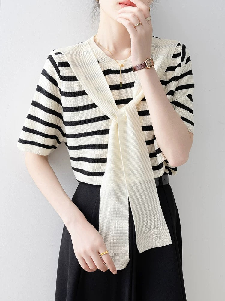 Xiao Xiangfeng apricot round neck striped sweater female 2025 new summer thin shawl fake two-piece short-sleeved top