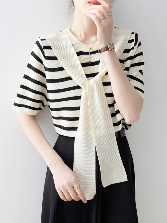 Xiao Xiangfeng apricot round neck striped sweater female 2025 new summer thin shawl fake two-piece short-sleeved top