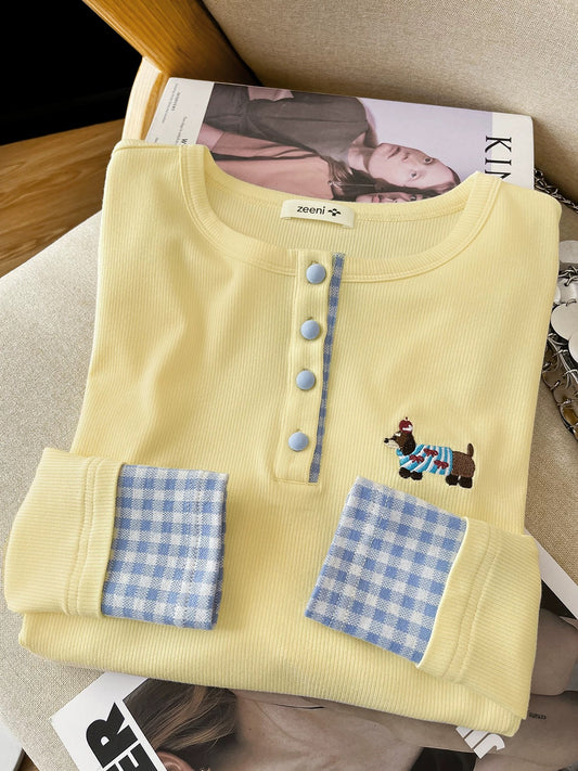 Cost-effective chao gao ~ design sense plaid splicing fake two-piece bottoming shirt T-shirt female autumn and winter inner wear knitted top