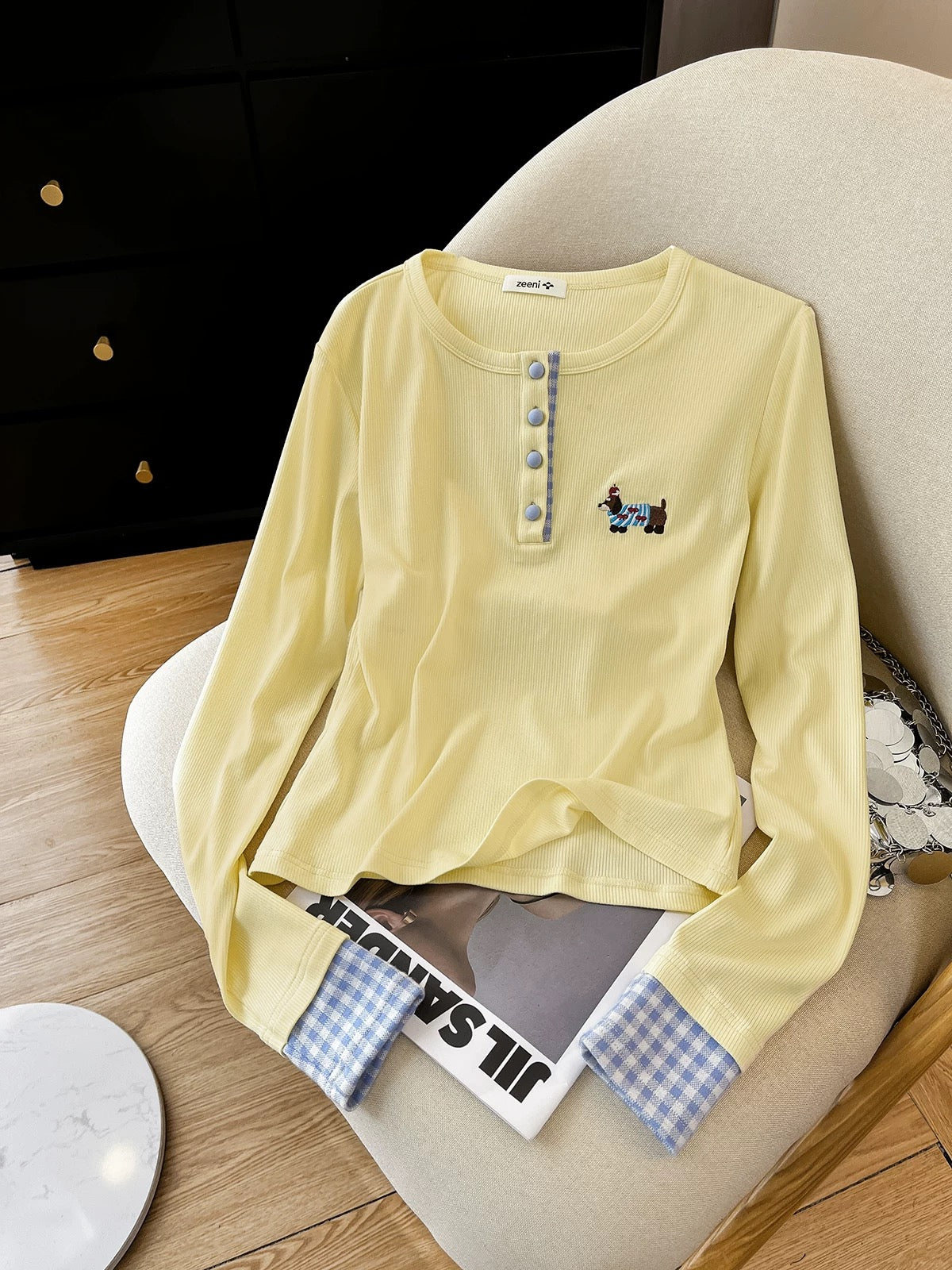 Cost-effective chao gao ~ design sense plaid splicing fake two-piece bottoming shirt T-shirt female autumn and winter inner wear knitted top
