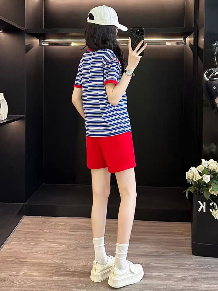 Stylish & Trendy Women's Striped Short-Sleeve Set (Summer 2026) – Casual Sporty Two-Piece Outfit with Shorts; Loose, Slimming Fit, Suitable for Running