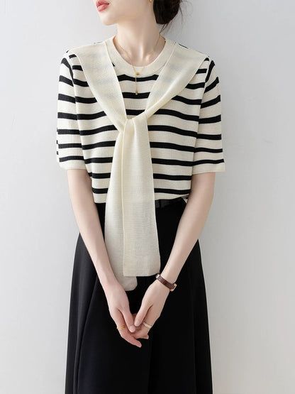 Xiao Xiangfeng apricot round neck striped sweater female 2025 new summer thin shawl fake two-piece short-sleeved top