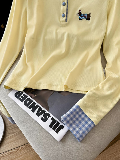 Cost-effective chao gao ~ design sense plaid splicing fake two-piece bottoming shirt T-shirt female autumn and winter inner wear knitted top
