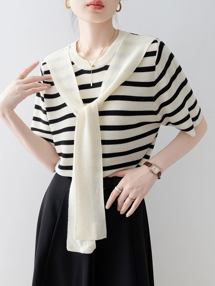 Xiao Xiangfeng apricot round neck striped sweater female 2025 new summer thin shawl fake two-piece short-sleeved top