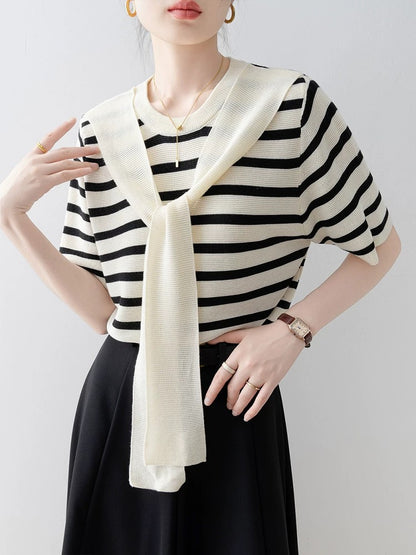 Xiao Xiangfeng apricot round neck striped sweater female 2025 new summer thin shawl fake two-piece short-sleeved top