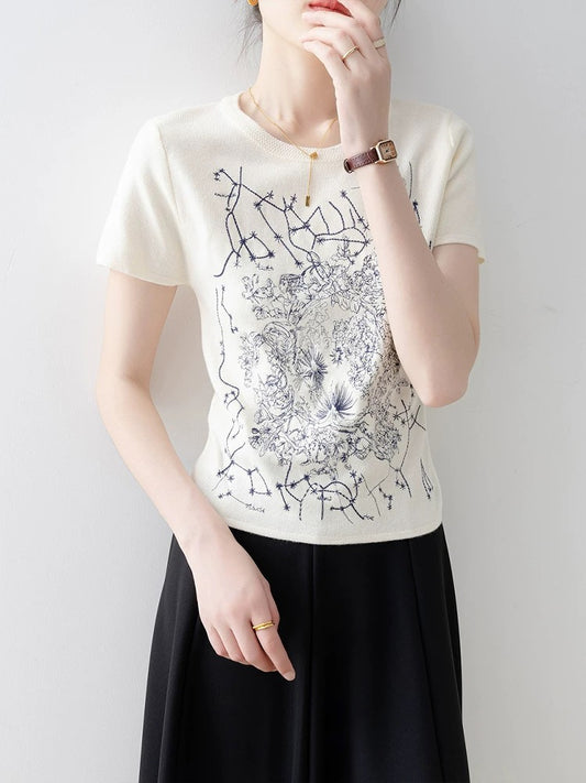 Short-sleeved T-shirt for women 2025 new hot-selling summer off-white slim round neck super beautiful unique beautiful top