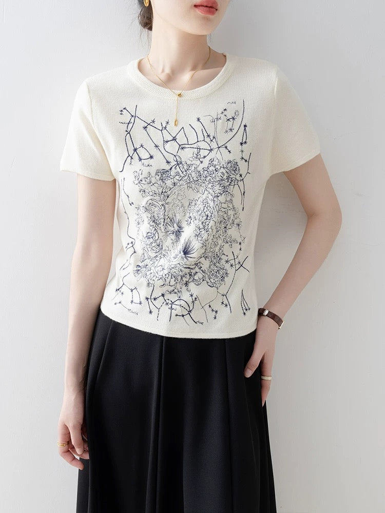 Short-sleeved T-shirt for women 2025 new hot-selling summer off-white slim round neck super beautiful unique beautiful top