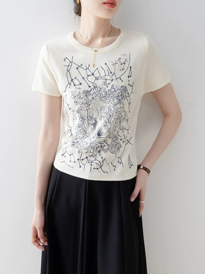 Short-sleeved T-shirt for women 2025 new hot-selling summer off-white slim round neck super beautiful unique beautiful top