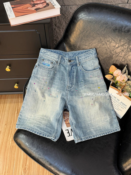 Five-point denim shorts for women to wear as outerwear in summer 2025 new color hot diamond washed old retro straight casual pants