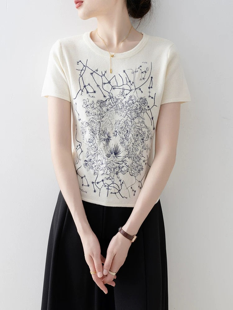 Short-sleeved T-shirt for women 2025 new hot-selling summer off-white slim round neck super beautiful unique beautiful top