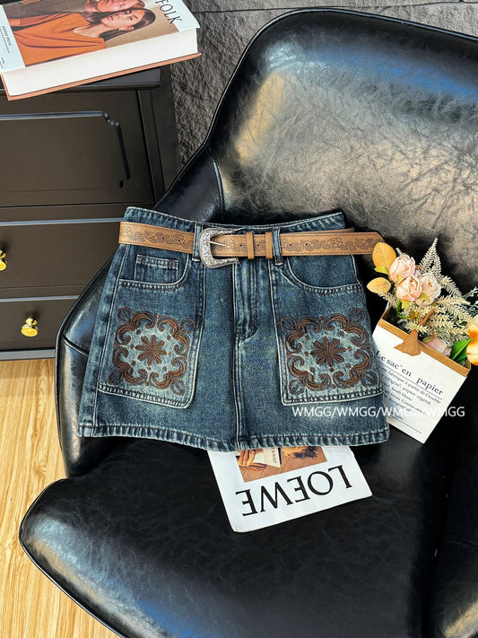 Denim skirt for women, light luxury, high-end, petite, A-line, high waist, slim, retro, embroidered, hip-wrapped denim skirt