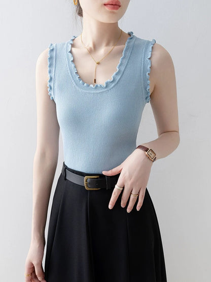 Knitted vest for women 2025 new summer outerwear blue U-neck design niche slim sleeveless top