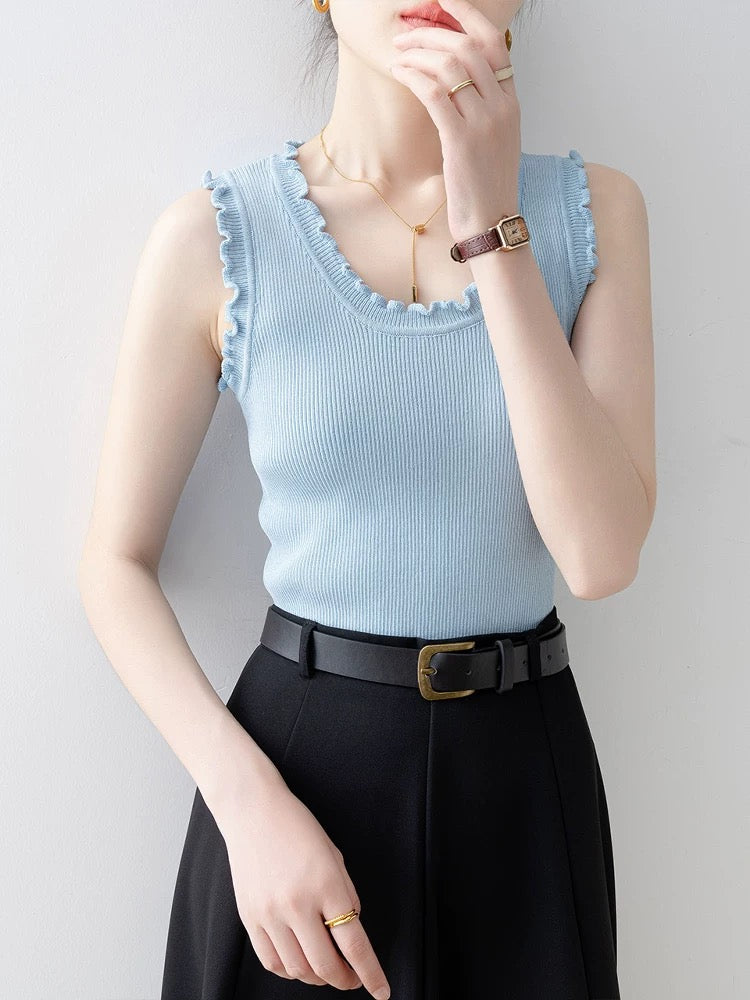 Knitted vest for women 2025 new summer outerwear blue U-neck design niche slim sleeveless top