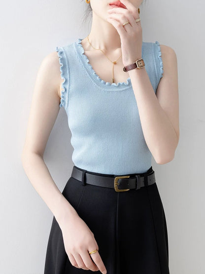 Knitted vest for women 2025 new summer outerwear blue U-neck design niche slim sleeveless top