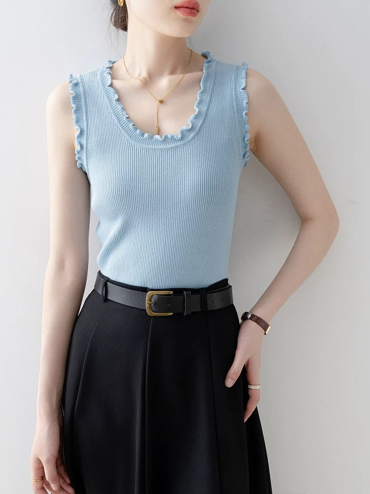 Knitted vest for women 2025 new summer outerwear blue U-neck design niche slim sleeveless top