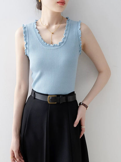 Knitted vest for women 2025 new summer outerwear blue U-neck design niche slim sleeveless top