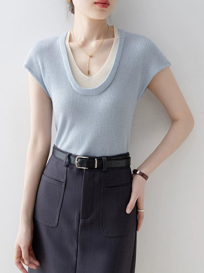 Knitted sweater women 2025 new summer blue V-neck slim fit pullover thin fake two-piece small fragrance style short-sleeved top