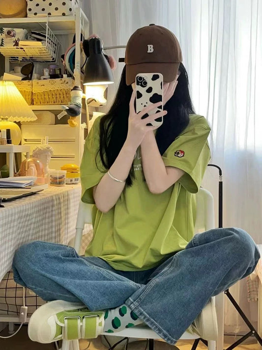 Summer dopamine outfit! Unique and chic straight shoulder short-sleeved T-shirt for women in summer, whitening and fashionable, flesh-covering tops ins