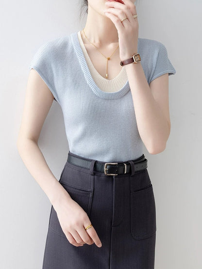 Knitted sweater women 2025 new summer blue V-neck slim fit pullover thin fake two-piece small fragrance style short-sleeved top