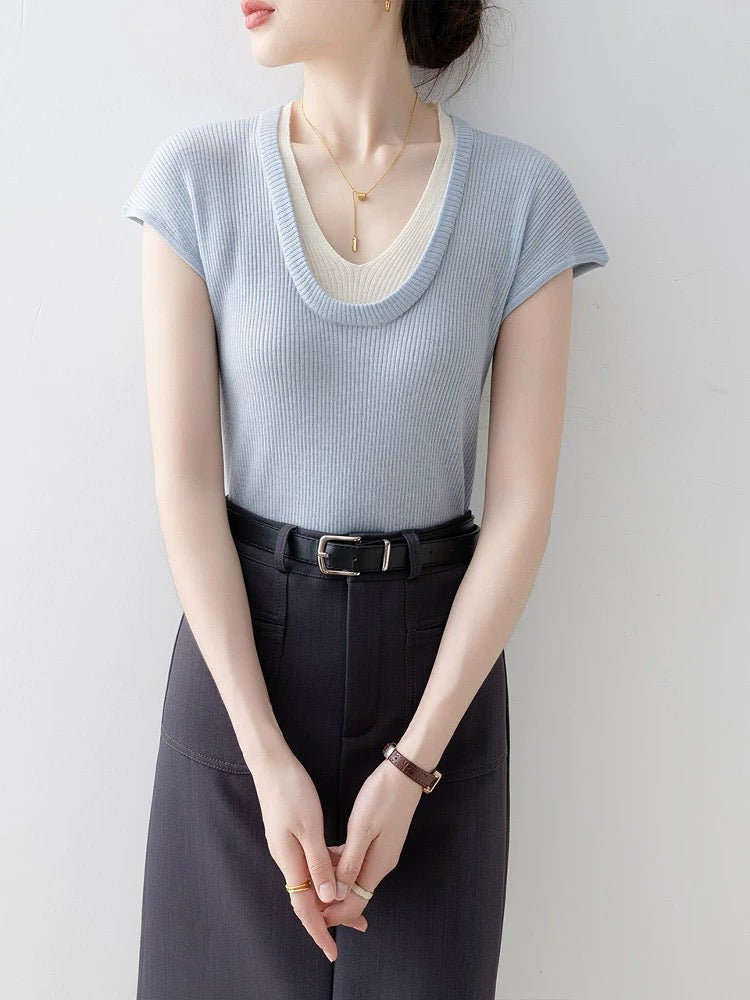 Knitted sweater women 2025 new summer blue V-neck slim fit pullover thin fake two-piece small fragrance style short-sleeved top